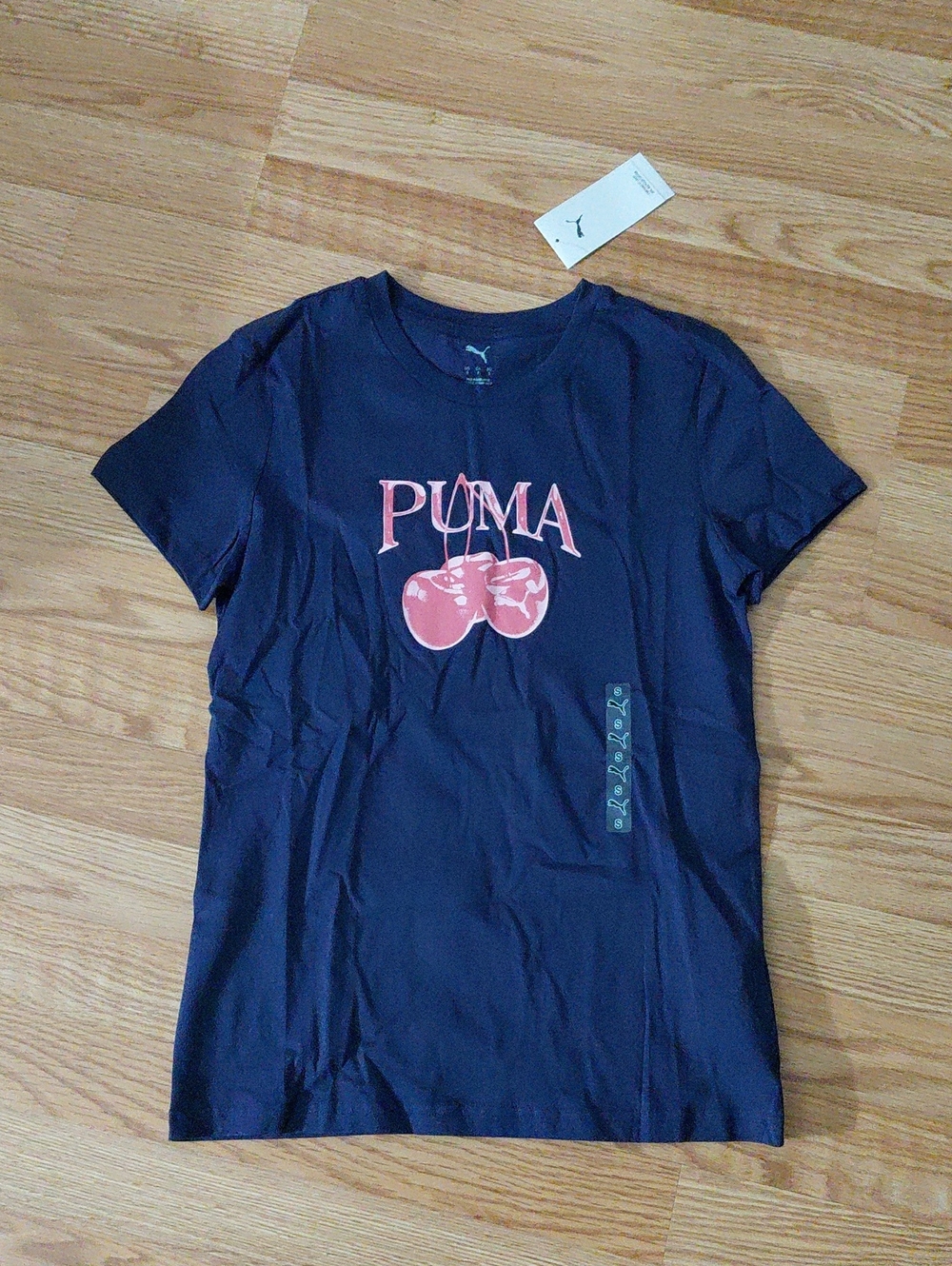 Puma Navy Short Sleeve Tee with Pink Cherry Graphic